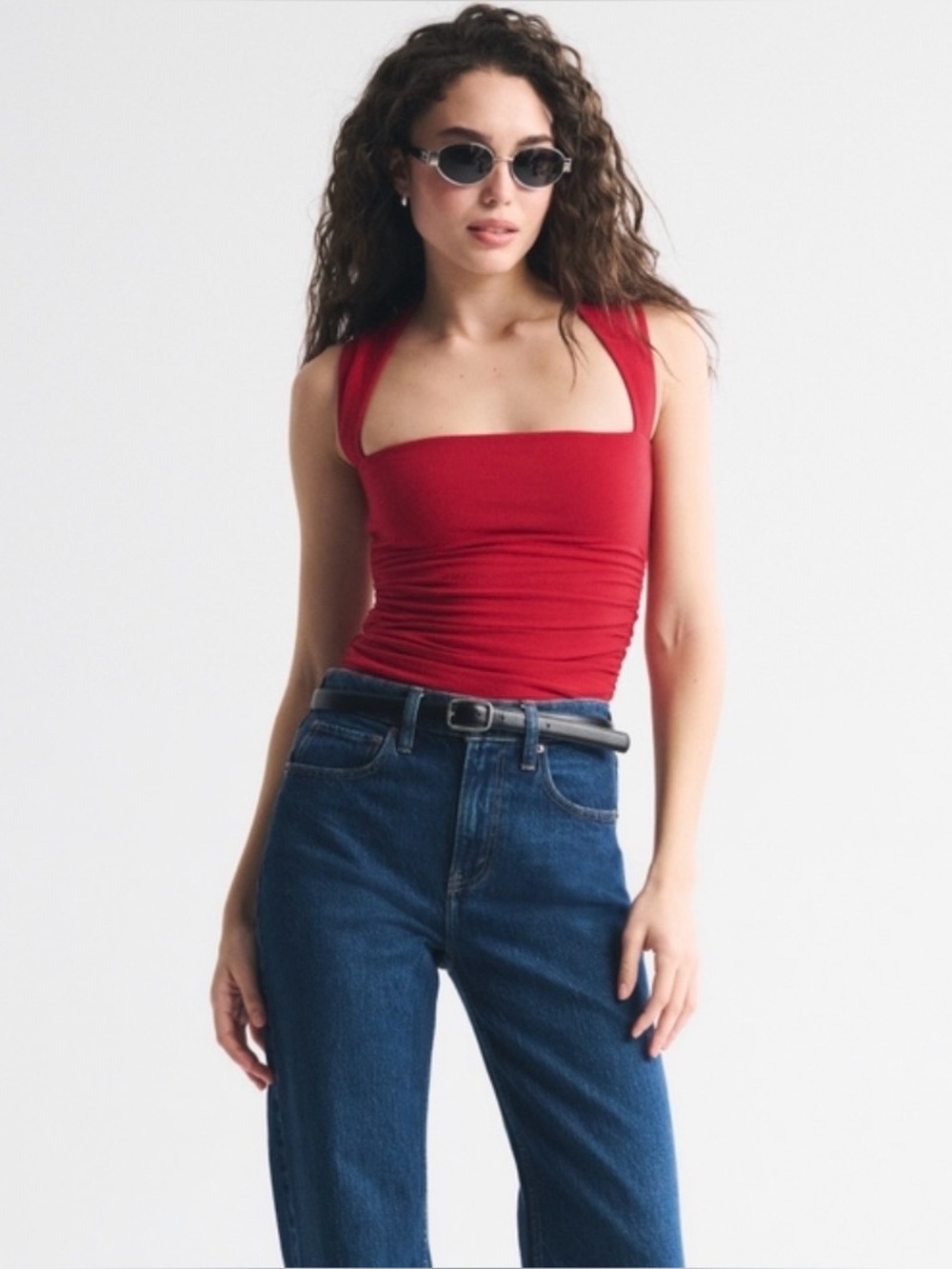 NWT Abercrombie Red Square Neck Ruched Tank  XL